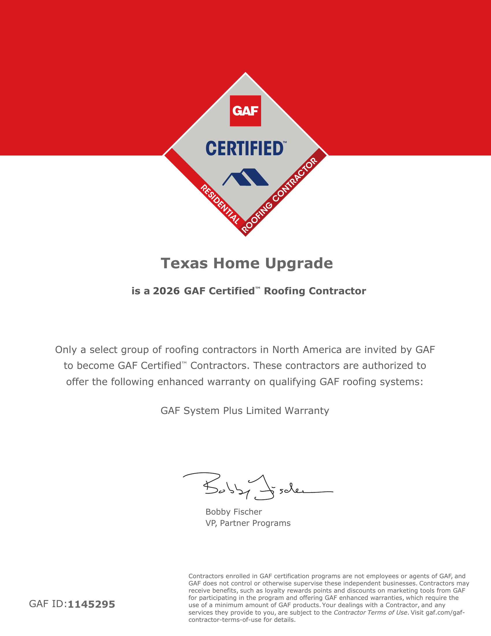 GAF Certificate - Texas Home Upgrade